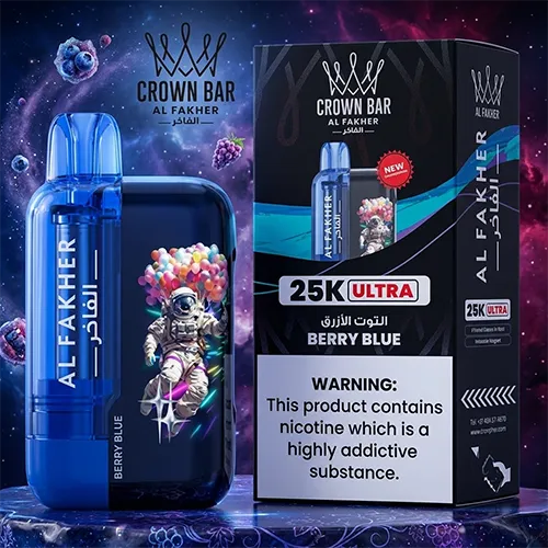 Al Fakher Crown Bar 25K Ultra Berry Blue disposable vape in nebula space with cosmic astronaut design and blueberries