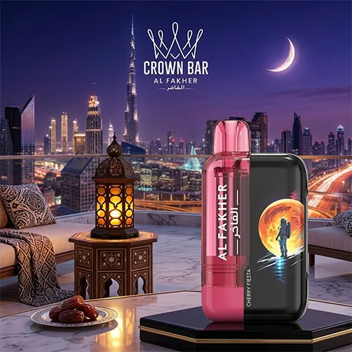 Al Fakher Crown Bar 25K Ultra Cherry Fiesta vape on a balcony with Arabic lantern and dates, with Dubai night cityscape