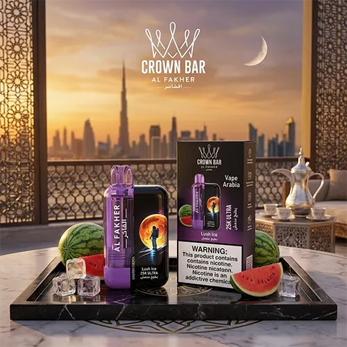Al Fakher Crown Bar 25K Ultra Lush Ice vape with fresh watermelon on a tray, against Dubai skyline sunset background