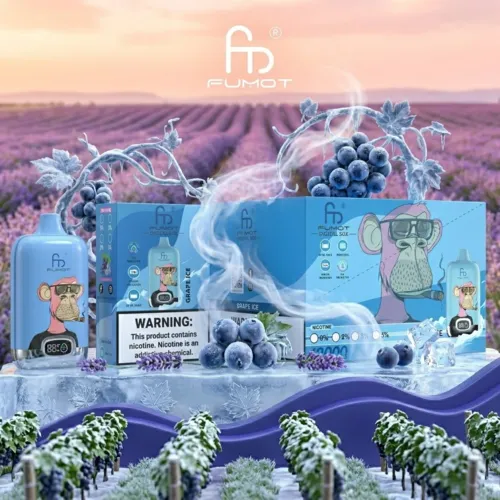 Fumot Digital Box 12000 Puffs Grape Ice flavor vape displayed on ice with frozen grapes and blueberries.
