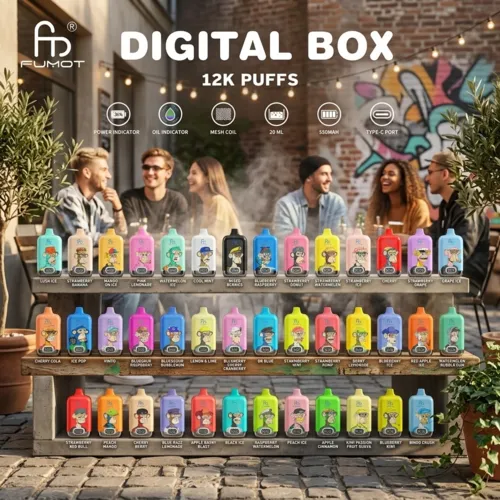 Complete flavor collection of Fumot Digital Box 12000 Puffs display stand for bulk wholesale in Netherlands.