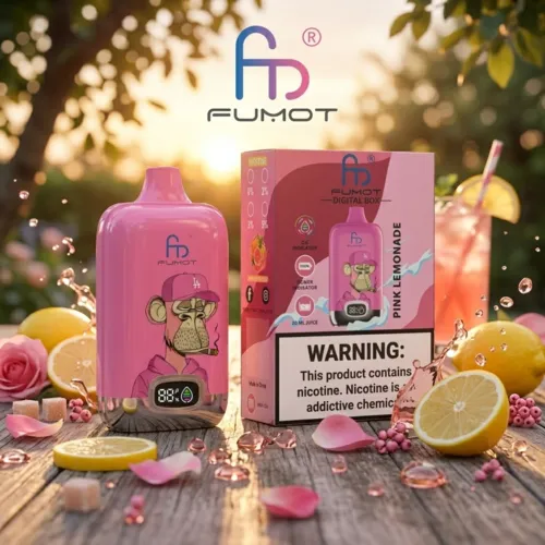 Pink Lemonade flavor of Fumot Digital Box 12000 Puffs wegwerp vape surrounded by lemons and rose petals.