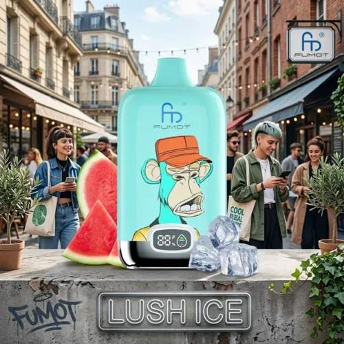 Fumot Digital Box 12000 Puffs Lush Ice vape with fresh watermelon slices and ice cubes on a Dutch street background.