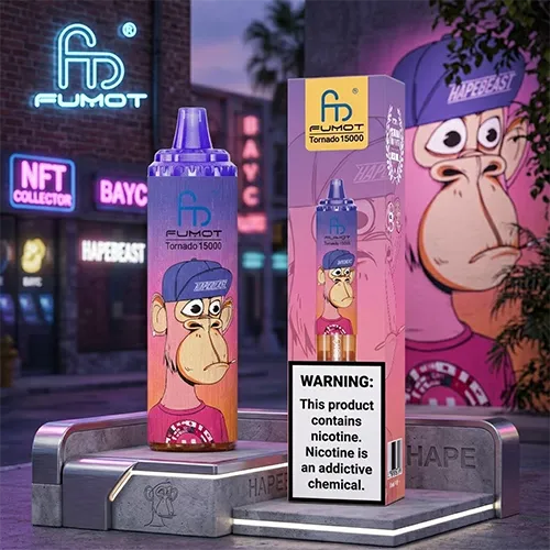 Fumot Tornado 15000 Puffs disposable vape with NFT monkey design in a neon urban night setting.