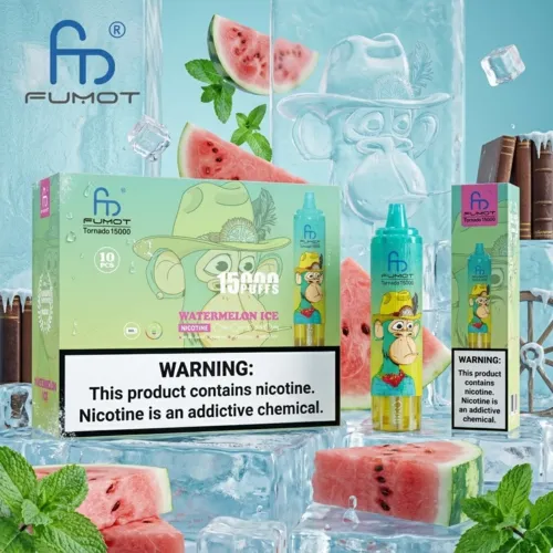 Fumot Tornado 15000 Puffs Watermelon Ice flavor device and packaging on ice cubes with mint leaves.