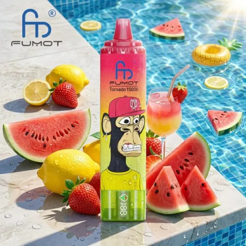 Refreshing Fumot Tornado 15000 Puffs vape surrounded by watermelon and lemons by a swimming pool.