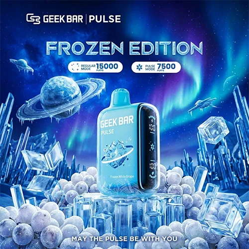 Geek Bar Pulse 15K Puffs Frozen White Grape disposable vape with dual power modes.