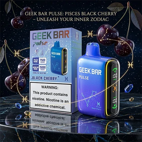 Geek Bar Pulse 15K Puffs Pisces Black Cherry Zodiac Edition with starry night theme.