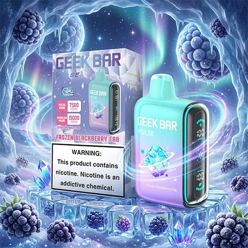 Geek Bar Pulse 15K Puffs Frozen Edition Blackberry Fab flavor with icy crystal background.