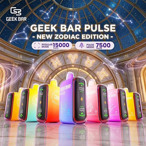 Geek Bar Pulse 15K Puffs New Zodiac Edition collection showcasing multiple flavors and colors.