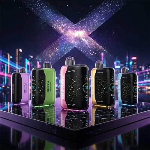 A collection of Geek Bar Pulse X 25K Puffs in various colors including pink, green, gold, and blue.