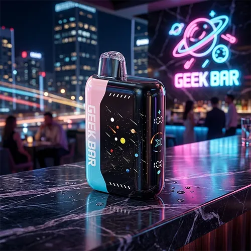 Geek Bar Pulse X 25K Puffs disposable vape featuring a galaxy space design on a marble bar counter.