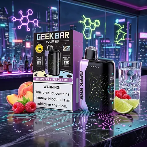 Raspberry Peach Lime flavored Geek Bar Pulse X 25K Puffs packaging and device with fresh fruit