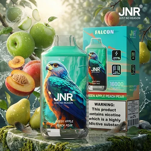 JNR Falcon 16000 puffs disposable vape Green Apple Peach Pear flavor surrounded by fresh fruits.