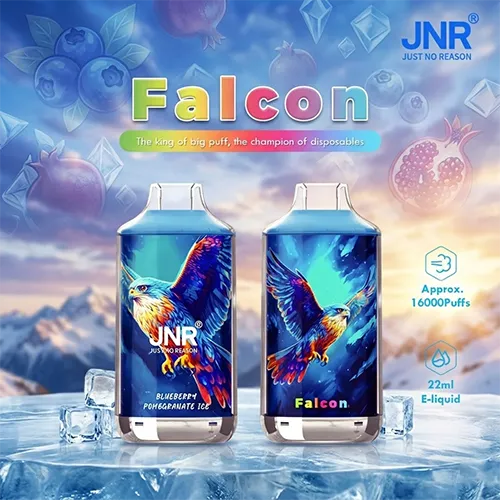JNR Falcon 16K Puffs disposable vape in Blueberry Pomegranate Ice flavor on snowy background