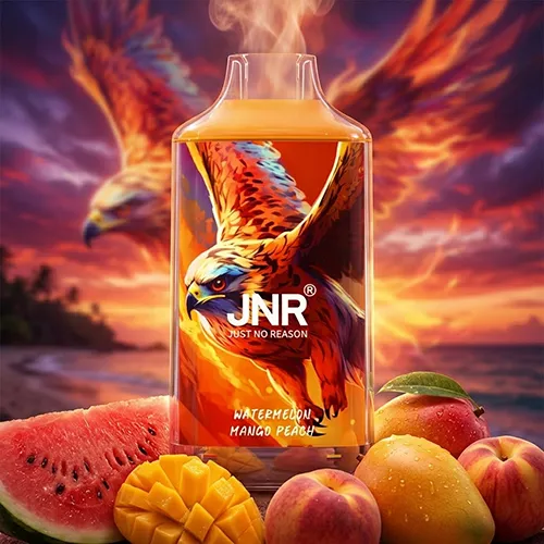 JNR Falcon 16K Puffs disposable vape Watermelon Mango Peach flavor with vibrant sunset background.