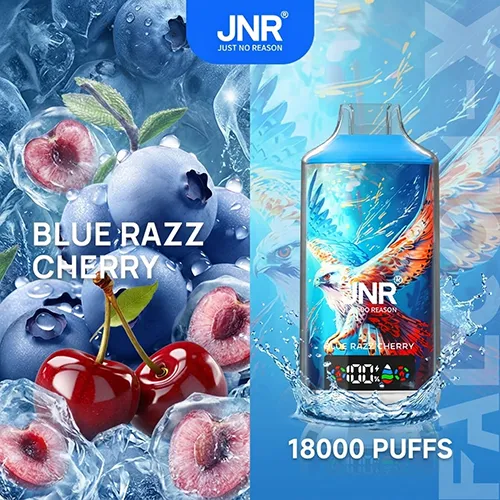 JNR Falcon X 18000 puffs disposable vape in Blue Razz Cherry flavor surrounded by ice and fresh berries