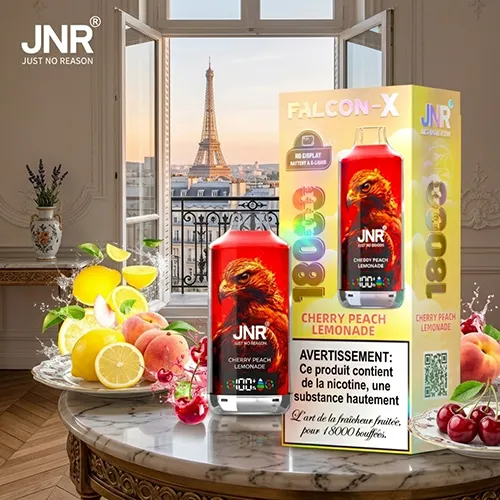 JNR Falcon X 18000 puffs Cherry Peach Lemonade flavor retail box and device featuring required French health warnings