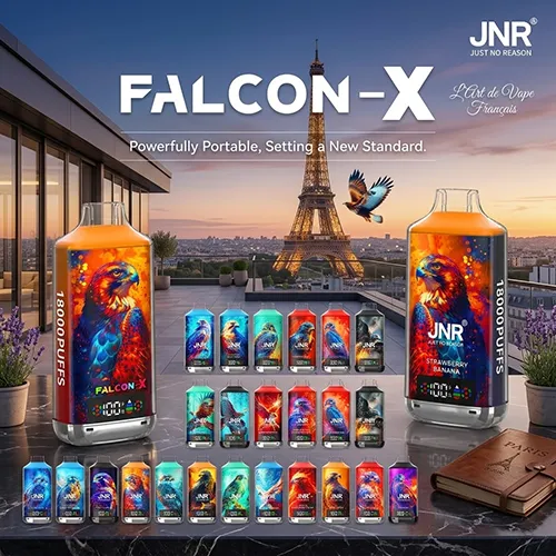 JNR Falcon X 18000 puffs disposable vape series on a Paris balcony at sunset, highlighting the art of French vaping