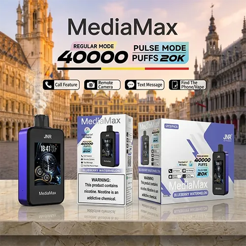 JNR MediaMax 40K Puffs Blueberry Watermelon box of 5 and device showing 20K Pulse Mode puffs.