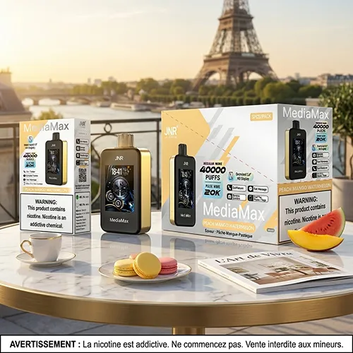 Gold JNR MediaMax 40K Puffs Peach Mango Watermelon vape on a luxury terrace with French macarons.