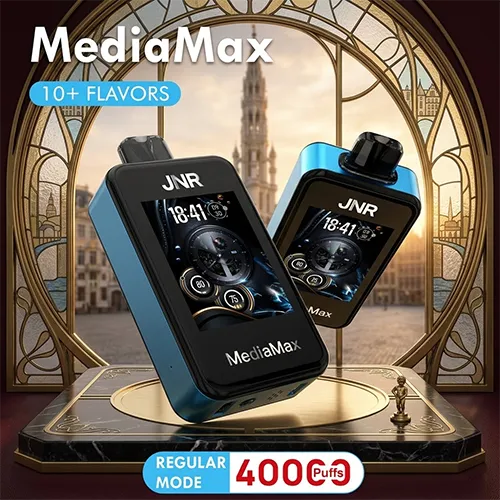 JNR MediaMax 40K Puffs blue disposable vape with 2.4-inch HD display at Brussels Grand Place, Belgium.