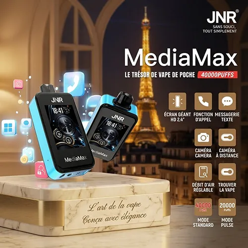 JNR MediaMax 40K Puffs smart vape features list: HD screen, phone calls, text alerts, and remote camera control.
