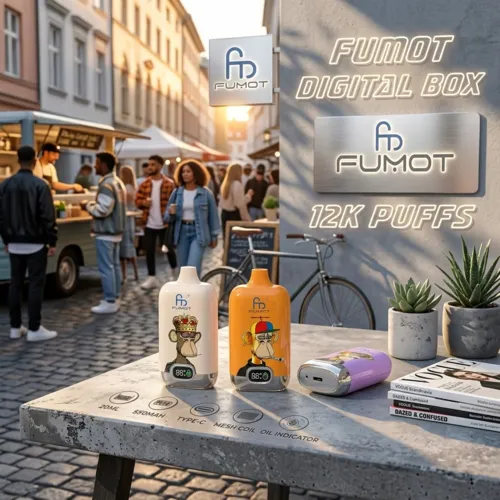 Rechargeable Fumot Digital Box 12000 Puffs devices with Type-C port on a tabletop with a bicycle background.