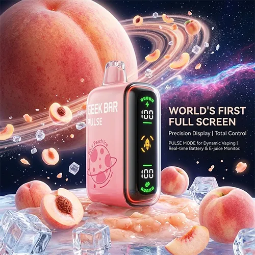 World's first full screen disposable vape Geek Bar Pulse 15K Puffs in Juicy Peach flavor.