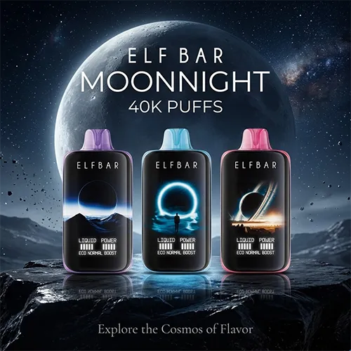 Three Elf Bar MoonNight 40K Puffs vapes showing different cosmic screen displays and colors