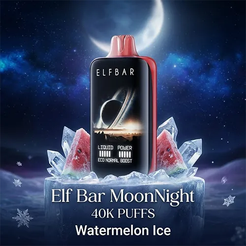 Watermelon Ice flavor Elf Bar MoonNight 40K Puffs with ice cubes and moon background