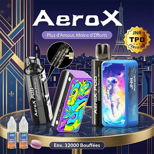 JNR AeroX 32000 Puffs TPD certified refillable pod vape with Mixed Berries flavor and Eiffel Tower background.