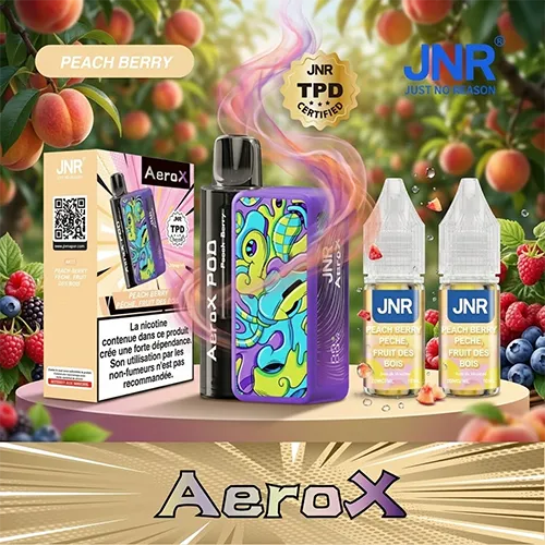 Purple JNR AeroX 32000 Puffs TPD vape kit with Peach Berry flavor (Pêche Fruit des Bois) and fruit garnish.