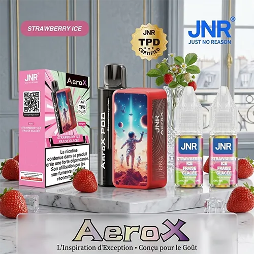 Strawberry Ice JNR AeroX 32000 Puffs TPD kit including refillable pod and two 10ml e-liquid bottles.