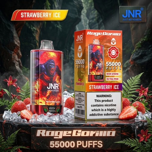 Front view of JNR Rage Grilla 55K Puffs disposable vape with gorilla artwork and smart LED screen display