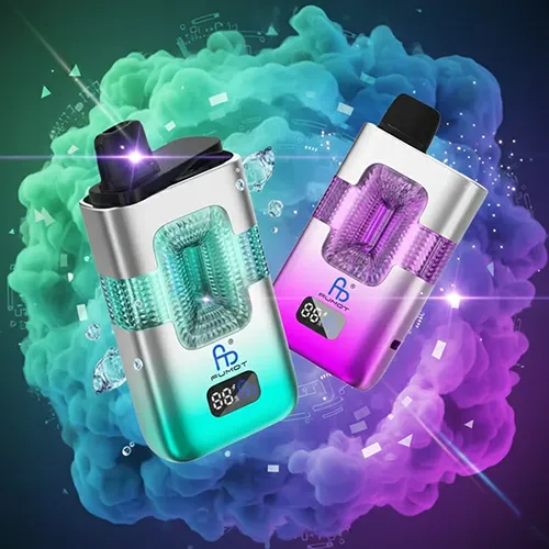 Smart digital display on Fumot Eco 50000 puffs showing real-time battery and oil levels.