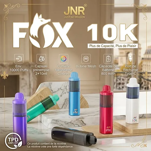 A collection of JNR Fox 10K vapes in Blue, Green, Purple, and Red with a TPD compliant seal