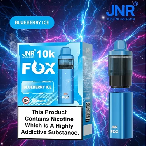 JNR Fox 10K Blueberry Ice flavor box and device with required nicotine health warnings