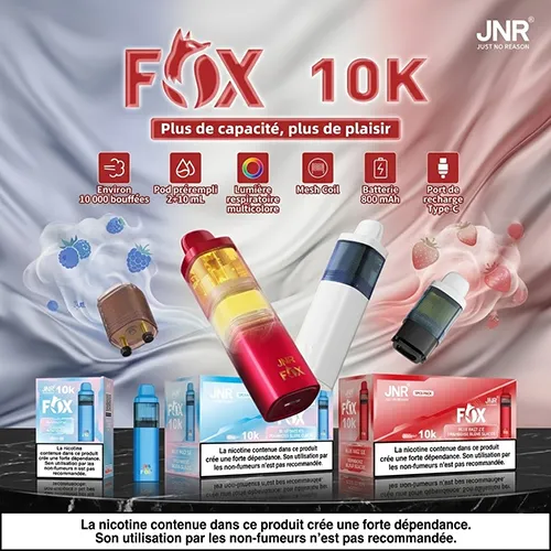 JNR Fox 10000 Puffs vape kit overview featuring 2+10ml pod system and 800mAh battery for France