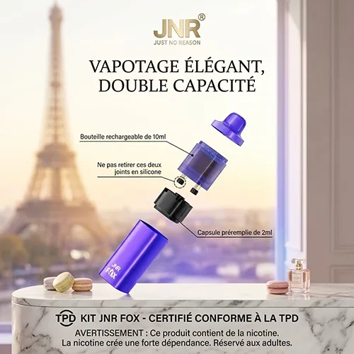 Exploded view of the JNR Fox 10K showing the 10ml refillable bottle and 2ml pre-filled pod