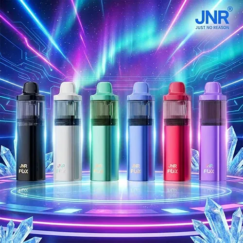 JNR Fox 10K vapes in different colors displayed on a futuristic crystal stage.