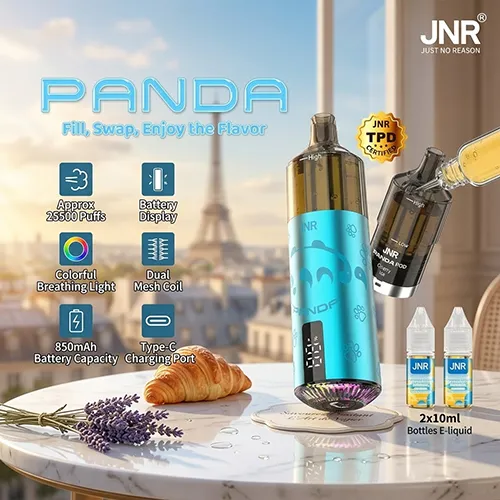 TPD Certified JNR Panda vape kit showing the easy-fill e-liquid process on a French cafe table