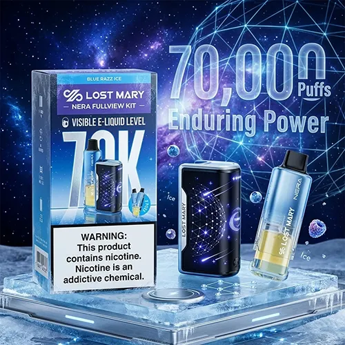 Blue Razz Ice flavor Lost Mary NERA Fullview 70K Puffs kit with enduring power. Title: Blue Razz Ice Lost Mary NERA 70K Puffs