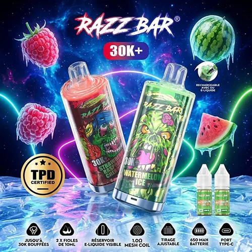 Features of Razz Bar 30K+ Puffs TPD vape: mesh coil, 650mAh battery, and Type-C charging for the French market