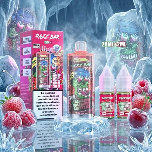 Razz Bar 30K+ Puffs TPD disposable vape in Strawberry Raspberry Cherry Ice flavor with French health warnings