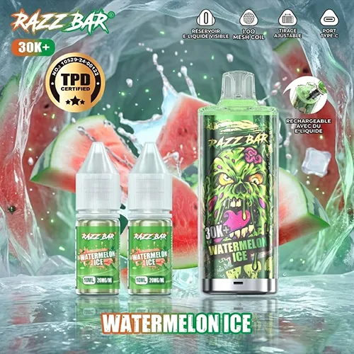 Watermelon Ice Razz Bar 30K+ Puffs TPD disposable vape with 1.0 ohm mesh coil and visible e-liquid tank