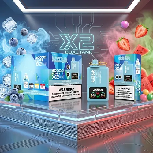 Razz Bar 40K Puffs X2 Dual Tank system marketing display with fruit accents