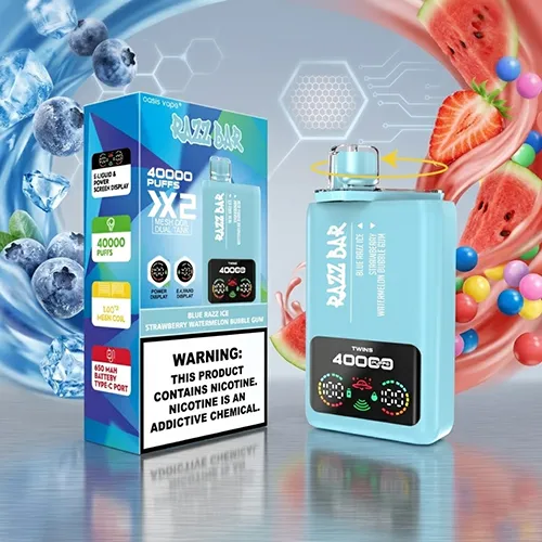 Razz Bar 40000 Puffs packaging and device in Blue Razz Ice and Strawberry Watermelon