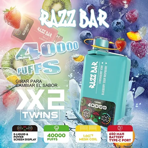 Infographic showing Razz Bar 40K Puffs features: 1.0 ohm mesh coil and Type-C charging