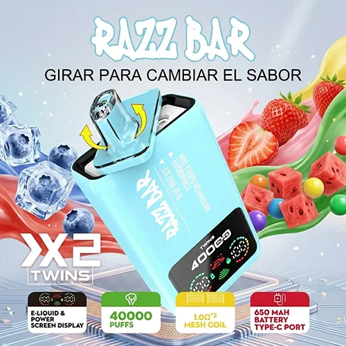 Close-up of the Razz Bar 40K Puffs rotating mouthpiece for switching dual flavors